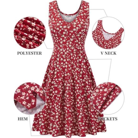 Womens Sleeveless V Neck Dress with Pocket Summer Beach Midi Flared Tank - Picture 3 of 6